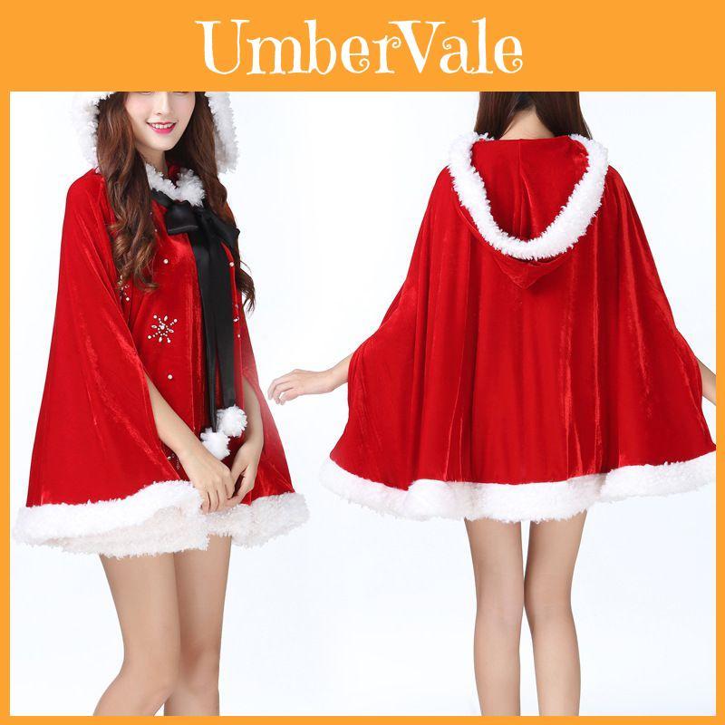 Gorgeous Mrs Xmas Hooded Santa Claus Cloak Cape Red Velvet Cosplay Costume