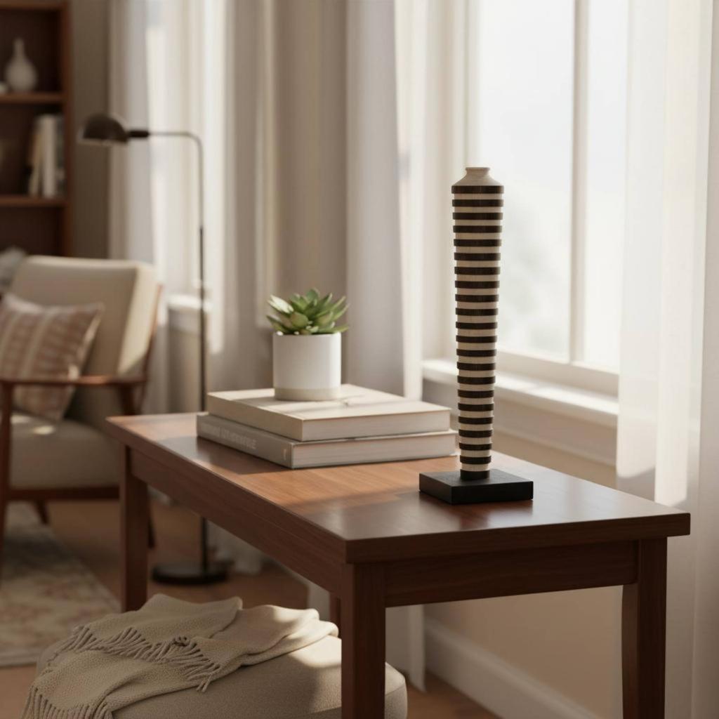 Tall Wooden Bud Vase Handmade Wooden Spindle Vase Modern Ribbed Wood Sculpture Carbonized Finish for Hotel Lobby, Shelving Unit
