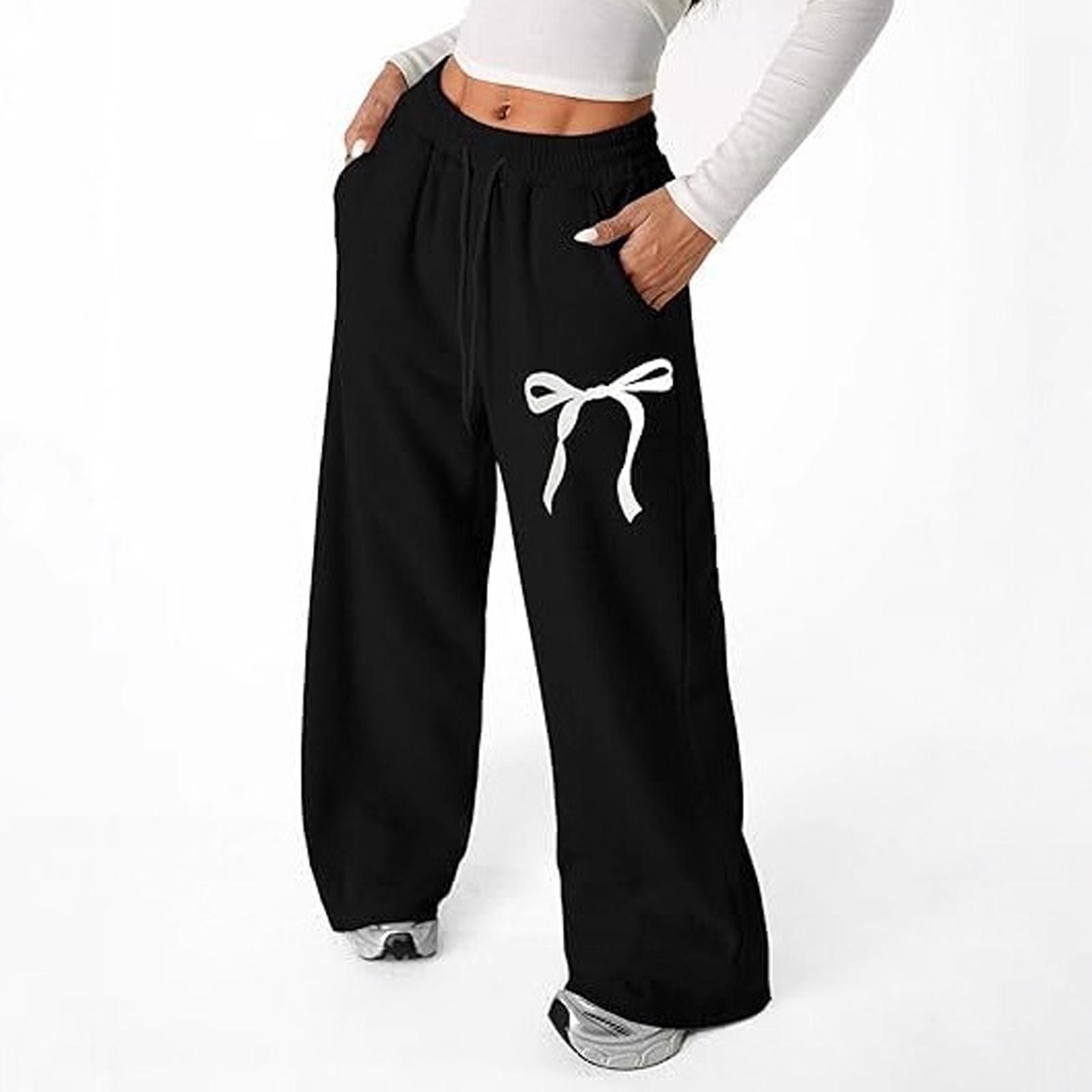 Women s Loose Elastic Waist Pocket Casual Pants Plaid Print Wide Leg Trousers M чёрный