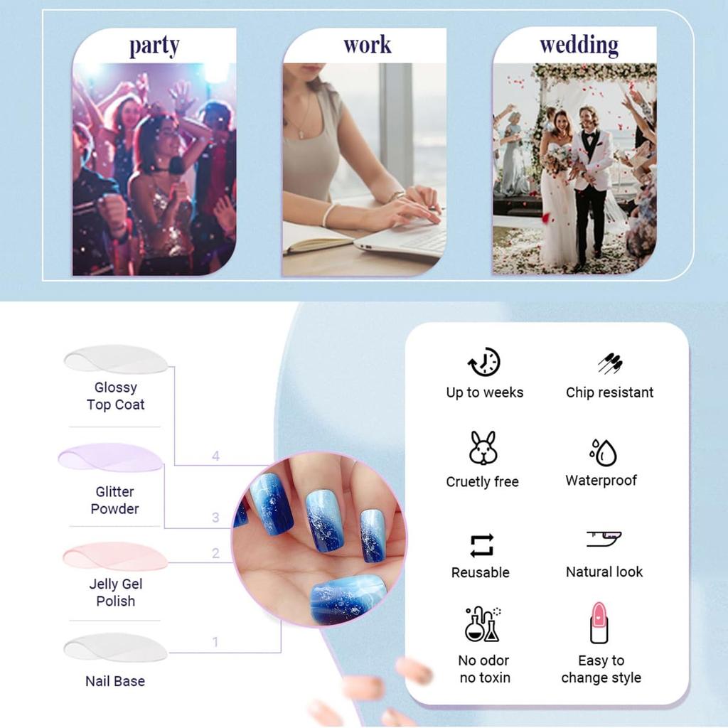 Press On Nails High Fashion Deep Sea Waves Blue Painted Short Medium Square Wearable Nails 12 Sizes - 24 Pcs Gel False Nail Set