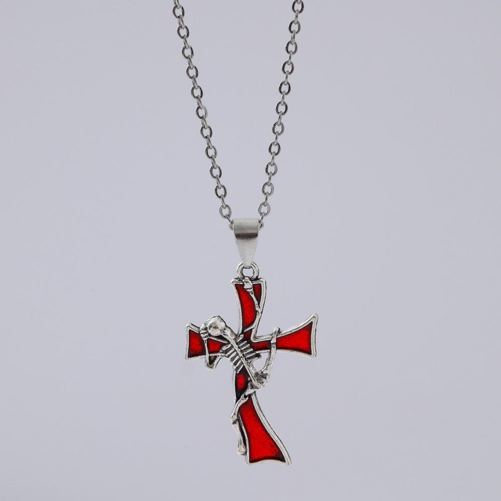 Hip-hop Punk Red Skull Cross Thorny Heart-shaped Pendant Sliver Color Chain Necklace for Women Halloween Party Goth Jewelry Gift