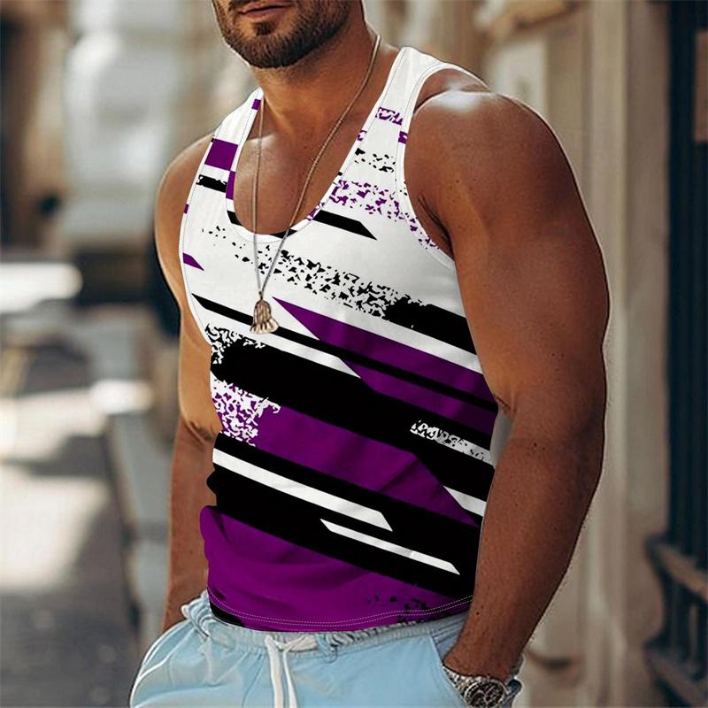 Men's Graffiti Striped Print Vest Classic Fashion Basketball Vest Summer Fitness Sports Breathable T-Shirt