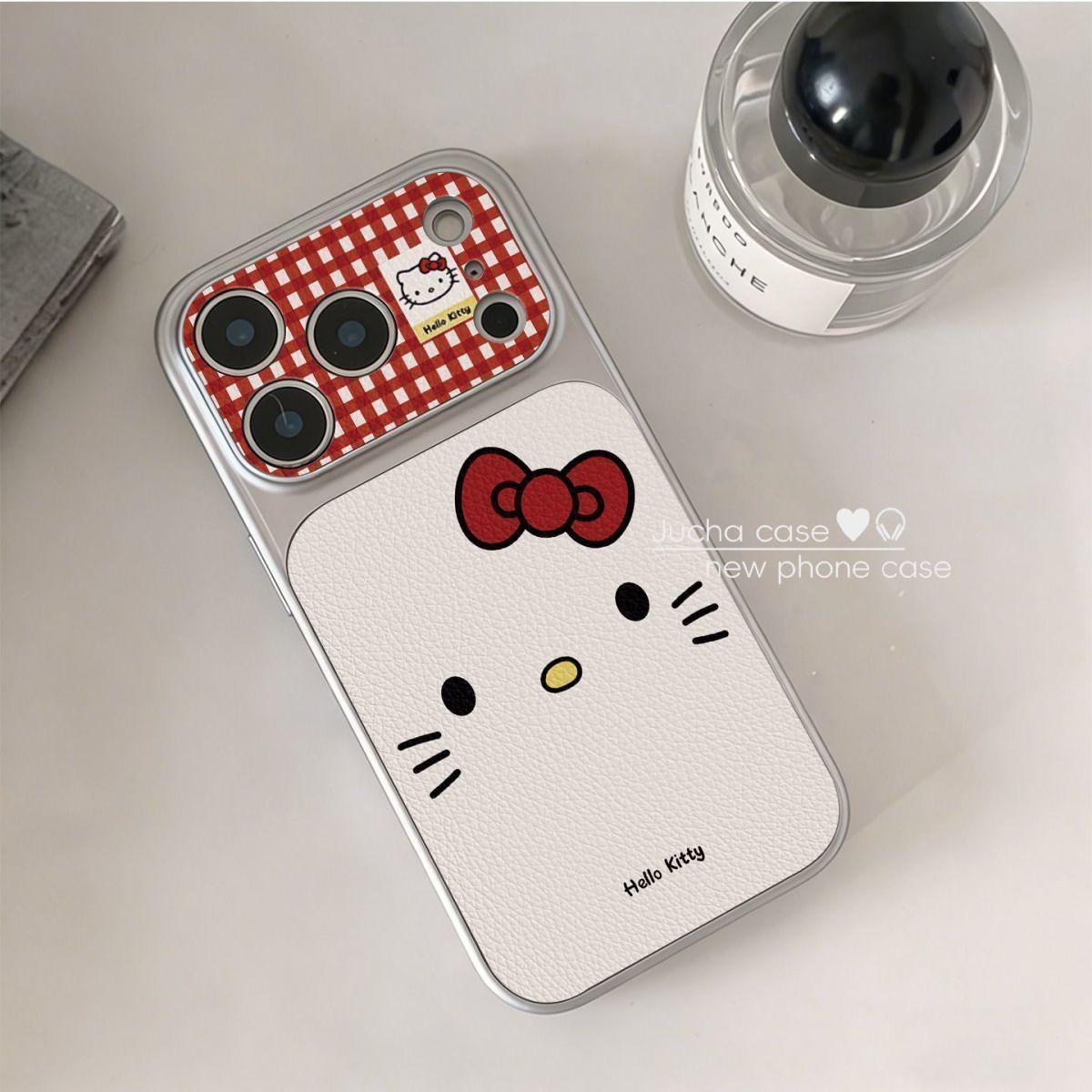 

Expression KT Cat Skin Texture Silver Frame Large Window Phone Case for iPhone 13/15/16/17, Full Coverage, Drop-Proof, Female Design iPhone 17