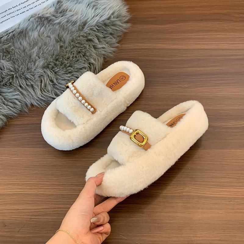 Pearl fluffy slippers women's wear 2025 autumn new thick bottom Internet celebrity fleece cotton mop home word casual hair mop