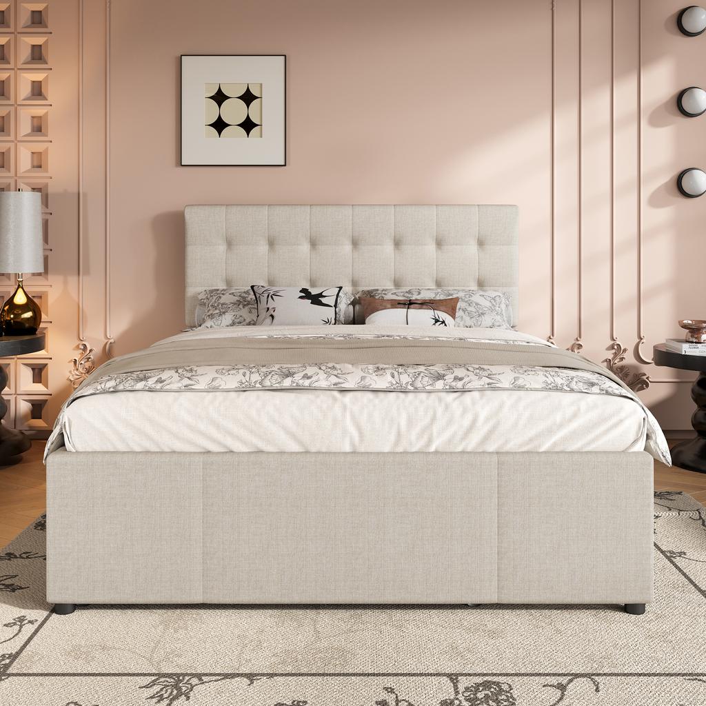 (=WX000502AAA) Polsterbett, 140x200cm, Doppelbett mit drei Schubladen, Ausziehbett, Verstellbares Kopfteil, Ohne Matratze, Beige