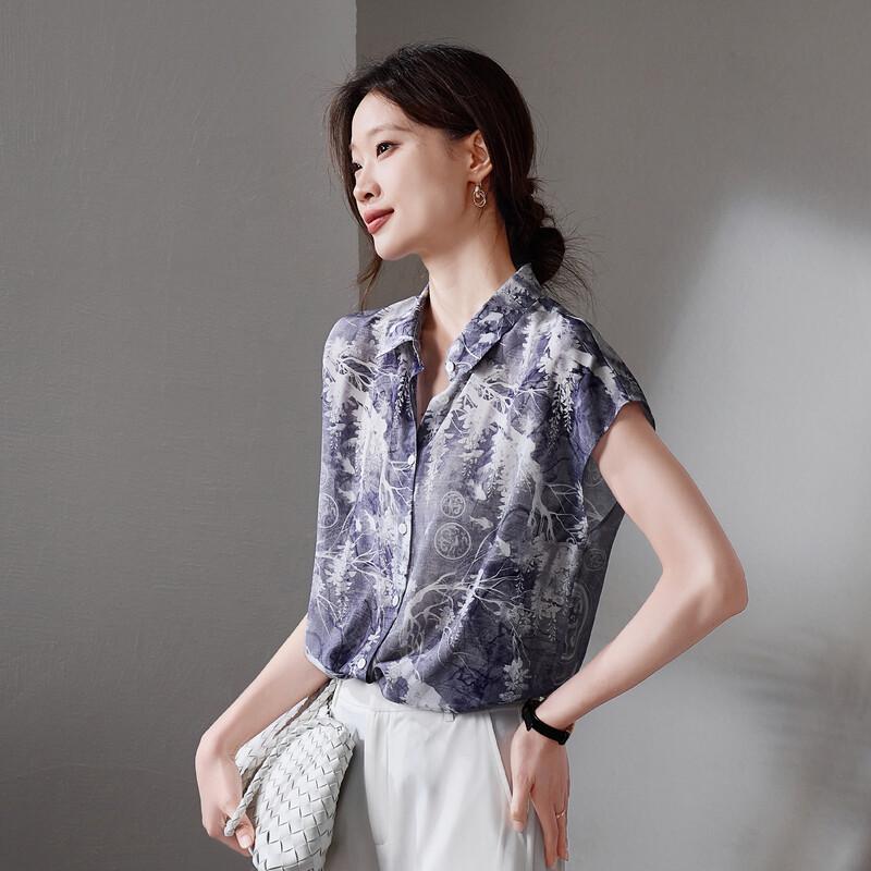 SOFSIL Women's 2026 Summer Silk Printed Short Sleeve Lapel Shirt