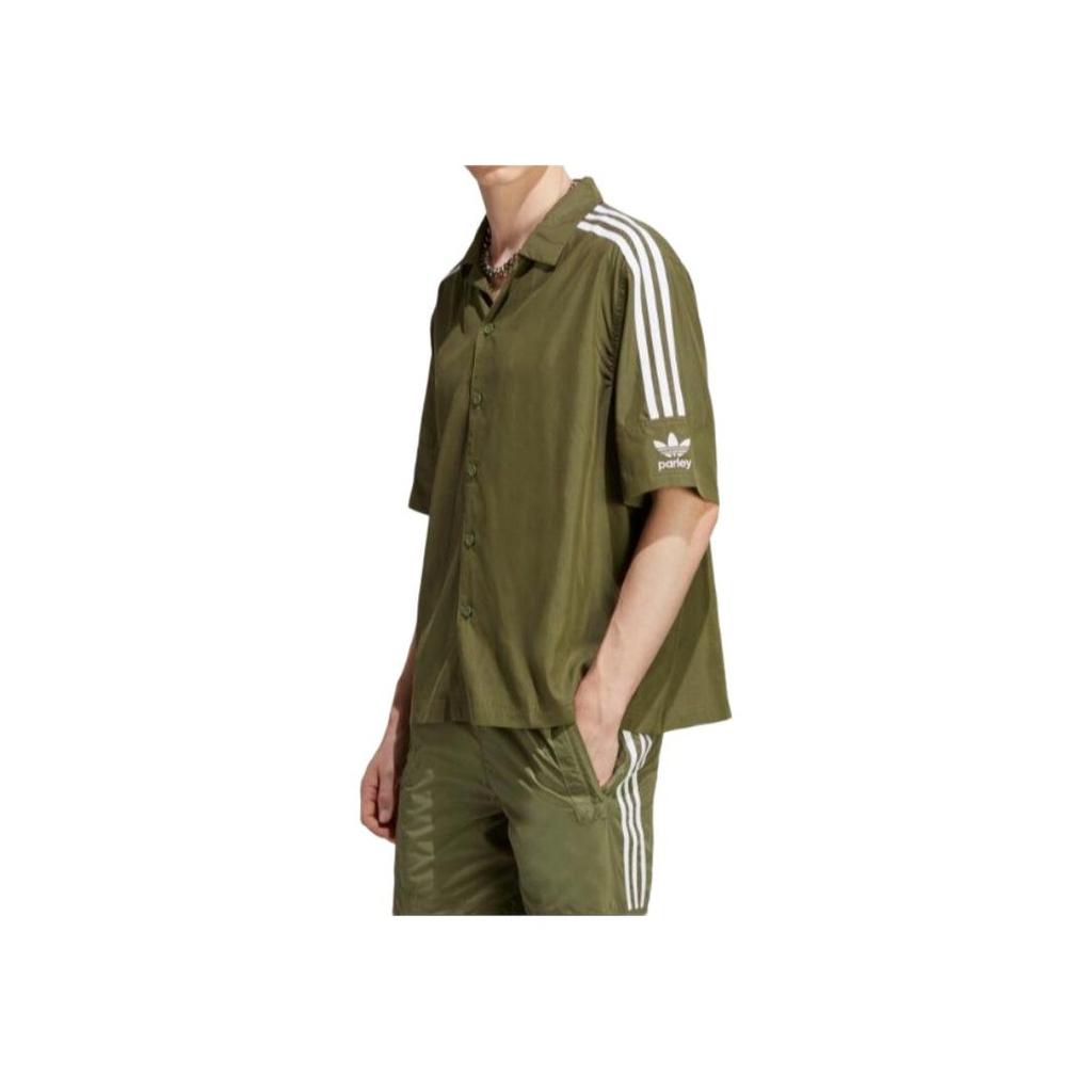 Adidas Logo Embroidered Print Single-Breasted Short Sleeve Shirt Men Tops Olive-Green HS2092