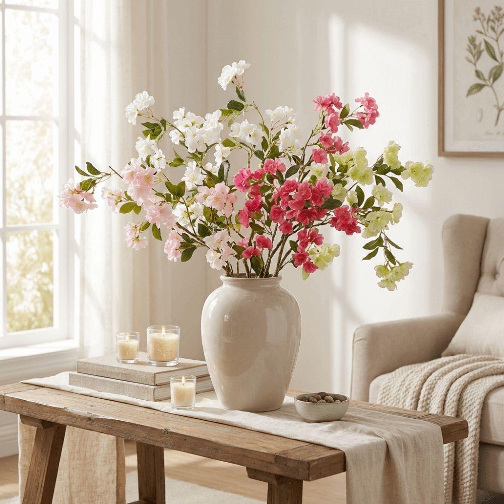 Long Branch Artificial Cherry Blossom with Leaves Real Touch Silk Cherry Blossoms Branch Realistic Handmade Fake Flower