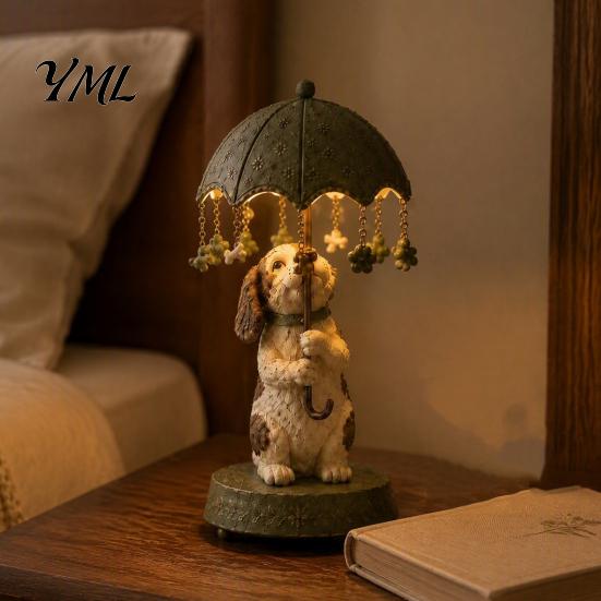 Cute Animal Sculpture Lamp Rotating Umbrella Lamp, Resin Holding Vintage Sculpture, Shape Bedside Light Tabletop Cat Dog Goose Figurine for