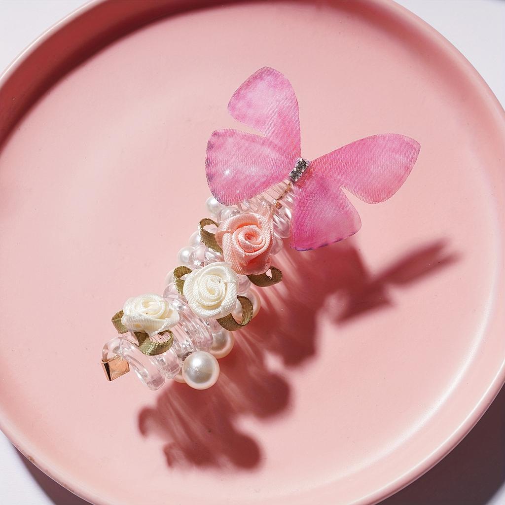 4pcs Vintage Butterfly Telephone Cord Hair Ties for Women - High Elasticity, No Crease Spiral Ponytail Holders with Flowers