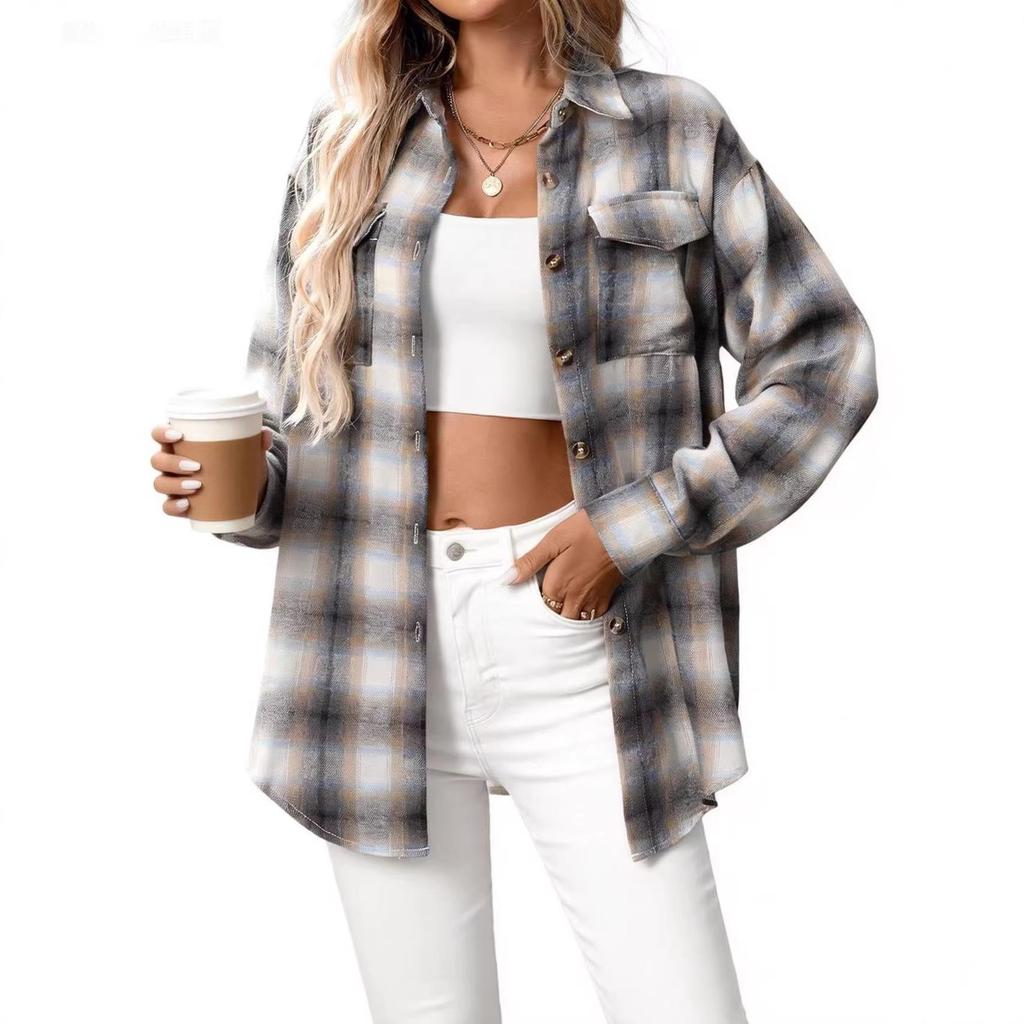 European & American Women's Casual Plaid Pocket Shirt – Autumn Winter 2025 Collection