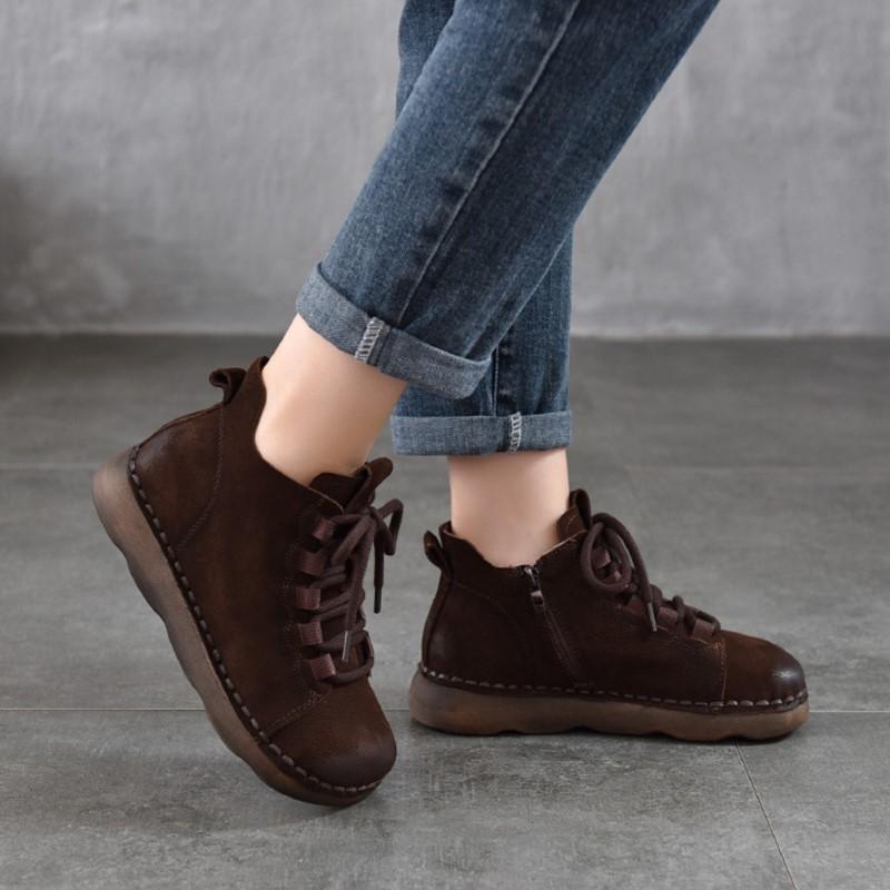 Johnature Scarpe da Donna in Vera Pelle Morbida Pelle Bovina Punta Rotonda Retro Stivaletti Bassi Piatti con Suola Morbida
