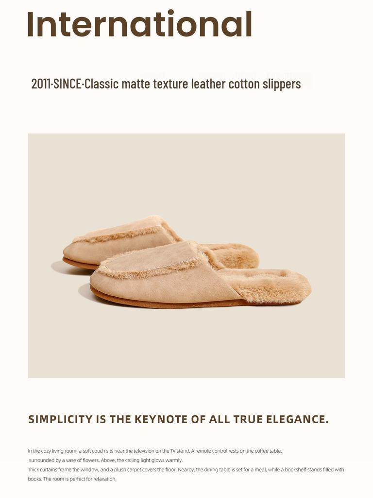 Klassische Matte Dunkle Plüschleder Baumwollpantoffeln - Wasserdicht, Warm, Rutschfest, Leicht für Männer & Frauen