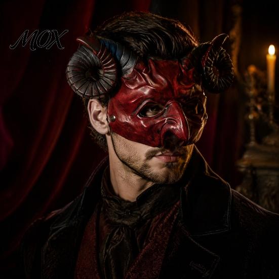 Retro Devil Costume Gothic Goat Head Masque with Horns, Adult Demon Skull Detailed Carvings Masque, Scary Animal Cosplay for Halloween Party,