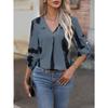 Women Black White Abstract Print V Neck Roll Tab Long Sleeve Casual Blouse