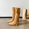 Cowhide version retro style inner height increase 6cm knight boots women's cross buckle pleated boots slim medium boots
