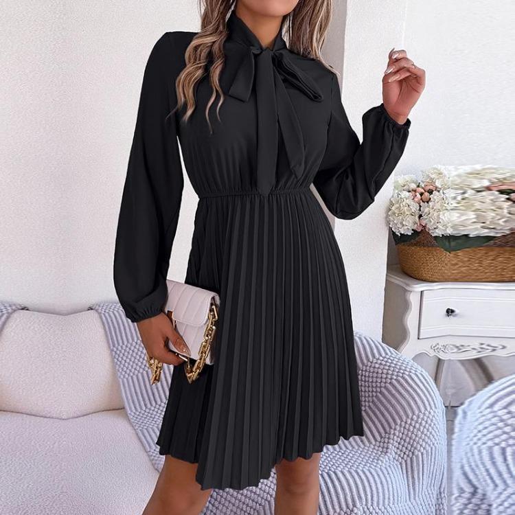 Elegant Høst Vinter Dame Snøring Høy Midje Langermet Plissert Ensfarget Kjole