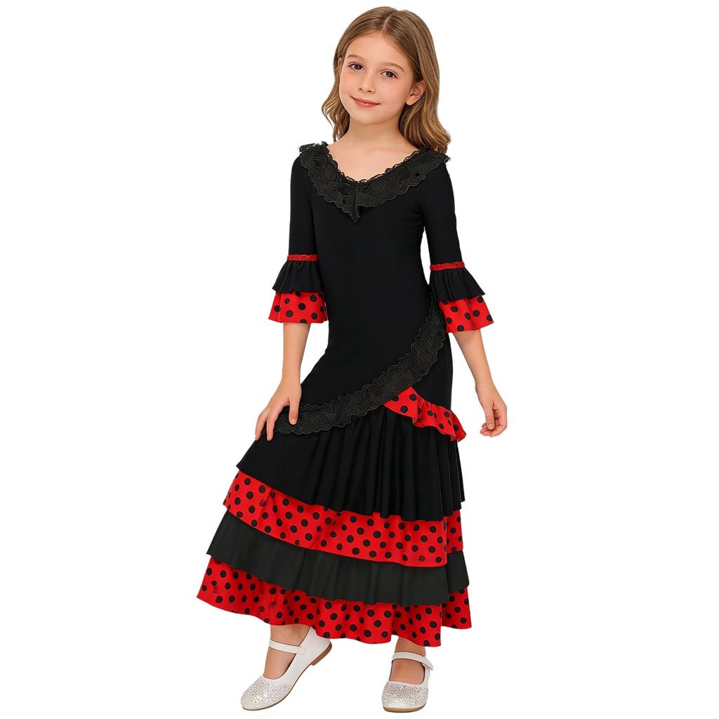 Girls V Neck Contrast Dots Tiered Ruffle Flamenco Dress Lace Trim 3/4 Sleeves Back Invisible Zipper for Performance Competition