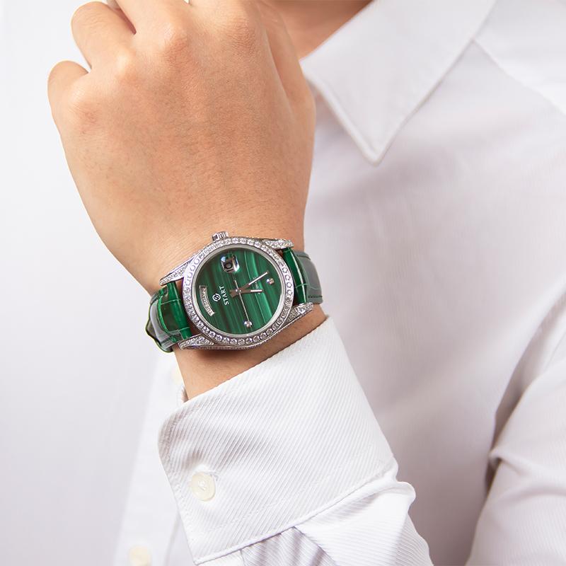 START-Malachite Men's Watch Diamond Watch Date Function Automatic Mechanical Watch Butterfly Buckle Alligator Leather Strap