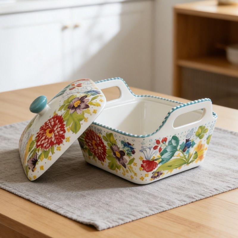 Große Keramik-Suppenschale mit Henkeln, Unterglasur, floral – Haus-Essgeschirr, Nudelschale