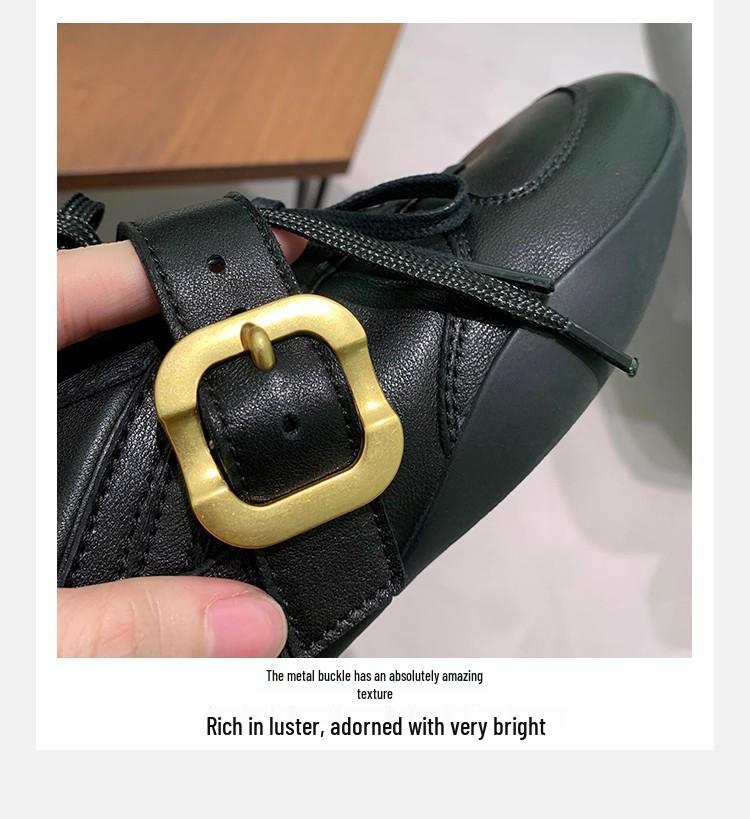 Women's 2025 Genuine Leather Retro Lace-up Ballet Flats with Metal Buckle and Soft Sole