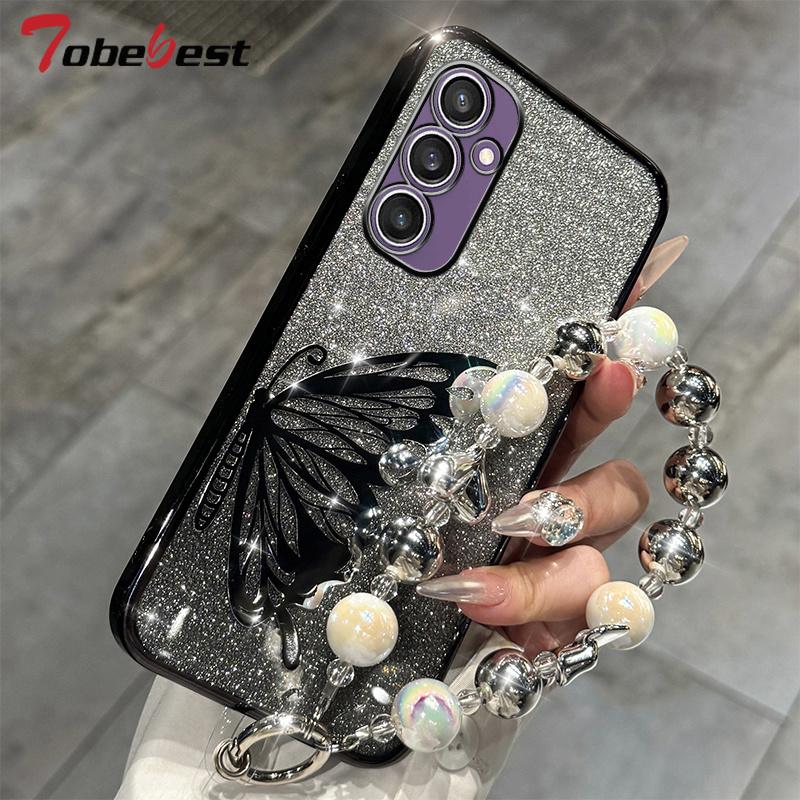 Laser Butterfly Glitter Plating Bracelet Case For Samsung Galaxy A17 A07 A16 A26 A36 A56 A06 A15 A25 A35 A55 A14 A24 A34 A54 5G