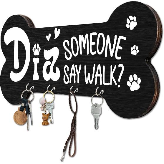 Wooden Key Holder with 4 Hooks - Welcome Beware of Dog Kisses Decorative Key Organizer for Wall - Home Office Kitchen Hallway Entryway Wall Decor for Did Someone Say Walk