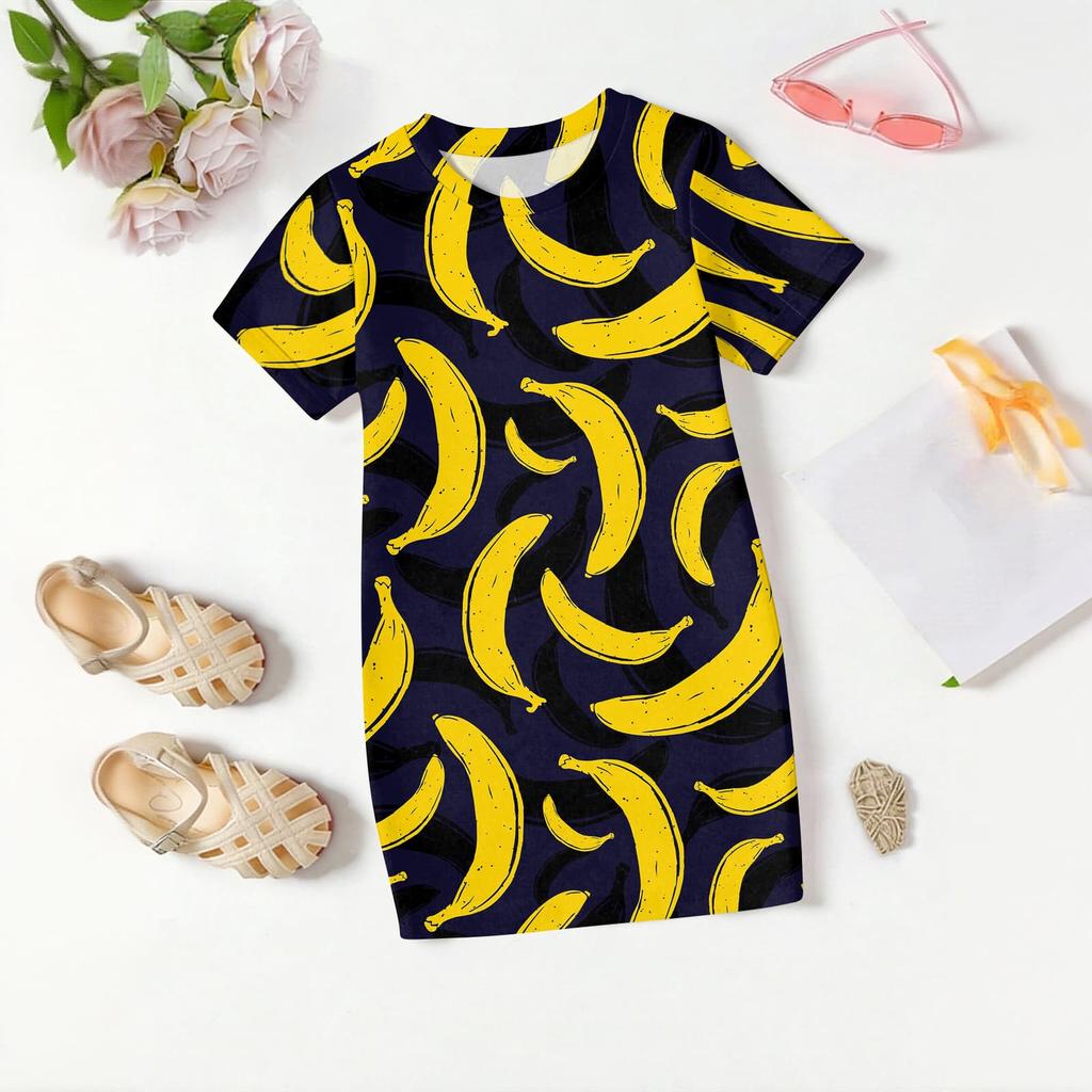 Girls Print Casual Dress Kids Loose Round Neck Short Sleeve Thin Sundress