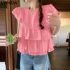VONDA Elegant Women O Neck Short Sleeve Layers Pleating Solid Casual Blouse