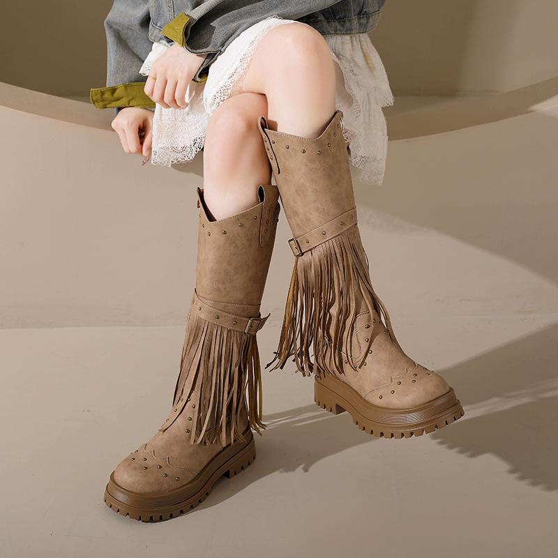 Europäischer und amerikanischer Retro-Wind Fransenstiefel 2025 Herbst und Winter neu Nieten Gürtelschnalle Außenhandel hohe Stiefel Übergröße Ritterstiefel Damen
