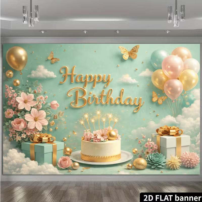2D Mint Green Gold Butterfly & Cake Happy Birthday Backdrop Banner Photo Booth