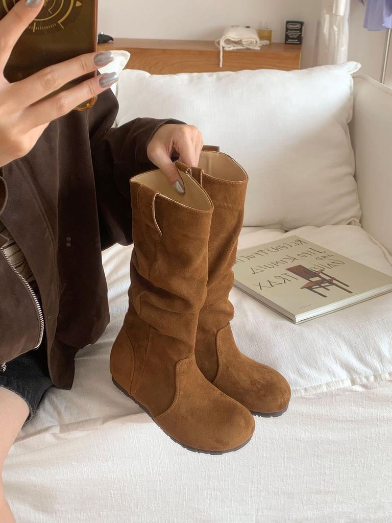 2025 New Sense Design Retro Versatile But Knee Boots Women's Inner Height Increase and Thin Pleated Knight Boots