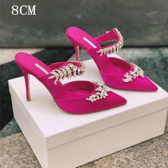 Fashion Couture! French Pointed Flat Sandal Rhinestone Goddess Fan Niche Design Sense High Heel Half Drag