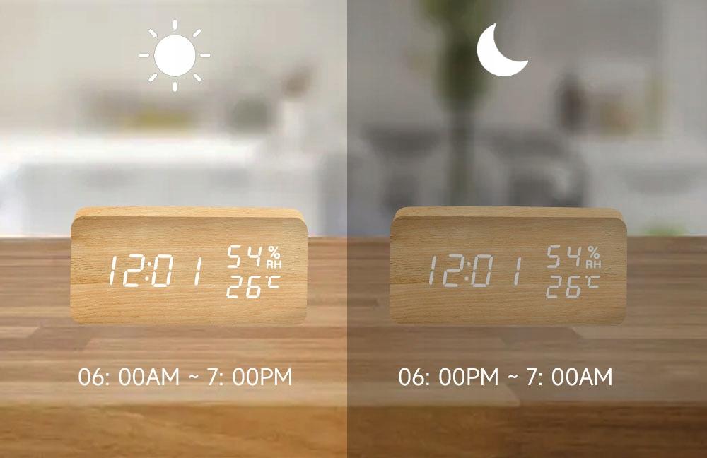 Wooden Alarm Clock With Thermometer And Clapper, Usb Or Batteries Operated