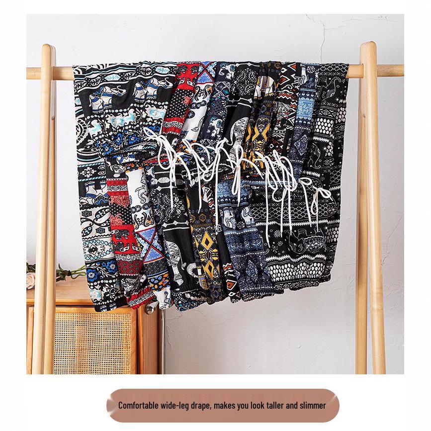 Damen Thai Elefantenmuster High-Waist Gecroppte Haremshose mit Bündchen - Ethnischer Sommer Weitbein-Stil