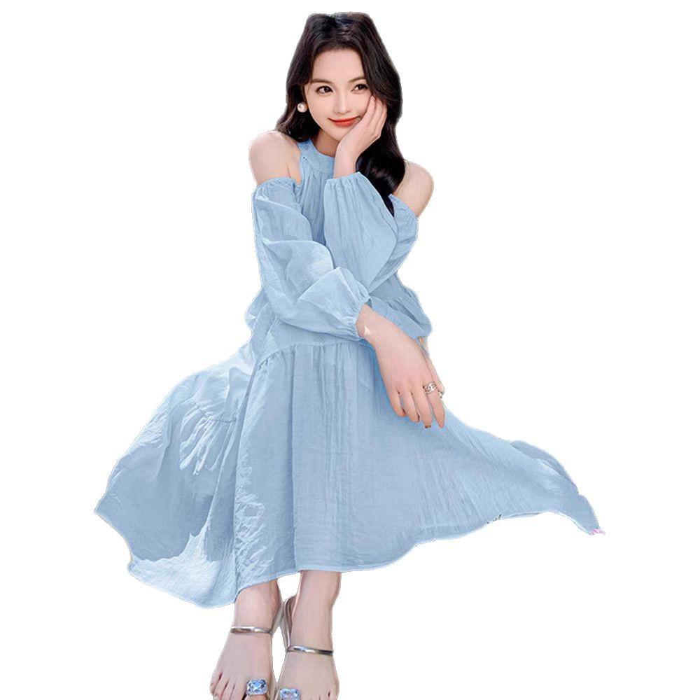 Light blue seaside vacation dress women's summer new models are popular this year, beautiful and sweet off-the-shoulder fairy skirt