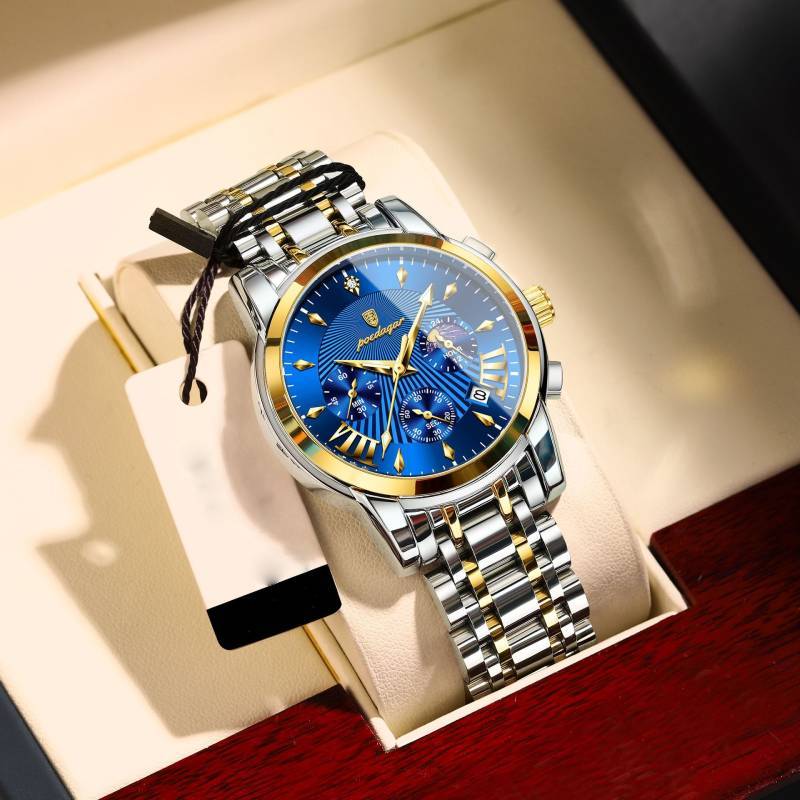 Swiss Mens Watch With Luminous Dial Moon Phase Chronograph For Sports And Casual Wear