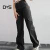 Women Cargo Pants Mid-rise Button Zipper Waist Casual Trousers with Multi Pockets Straight Leg Loose Fit Solid Color Long Pants