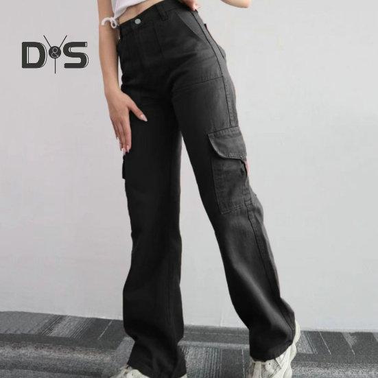 Women Cargo Pants Mid-rise Button Zipper Waist Casual Trousers with Multi Pockets Straight Leg Loose Fit Solid Color Long Pants