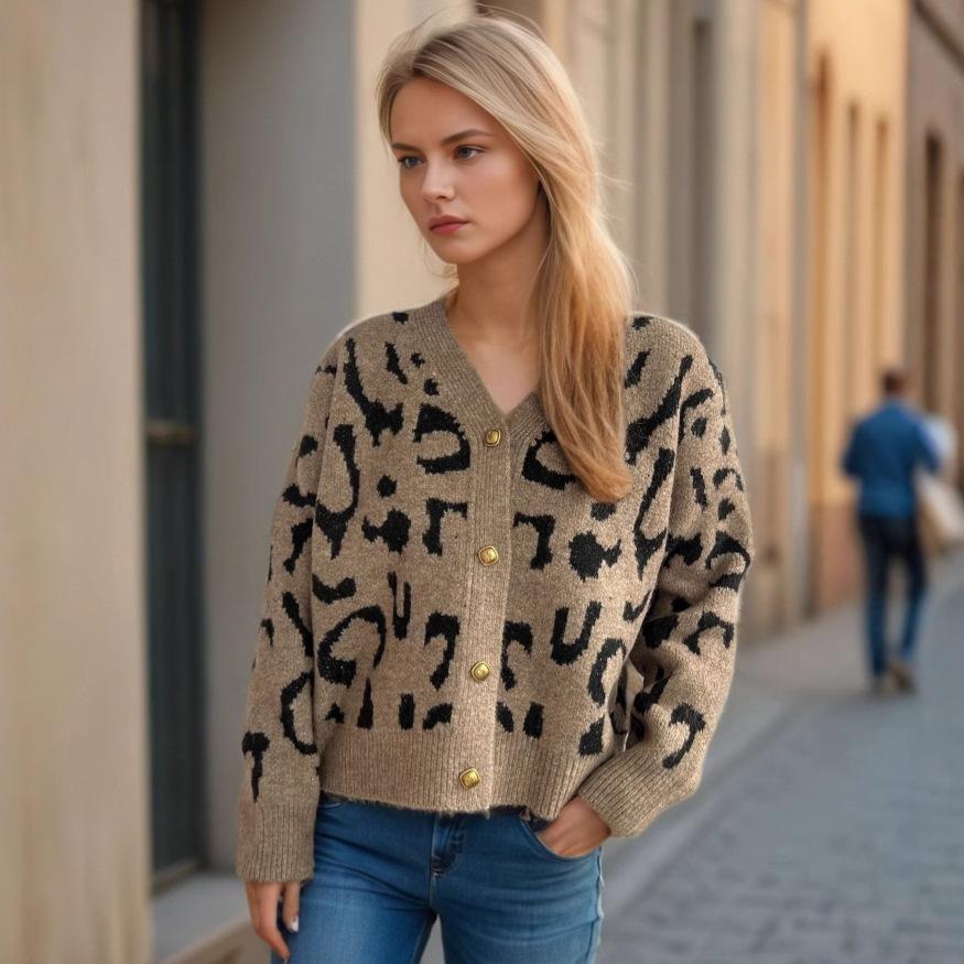 Autumn and winter new leopard print short sweater women's cross-border V-neck casual knitted cardigan top 3580 KTB