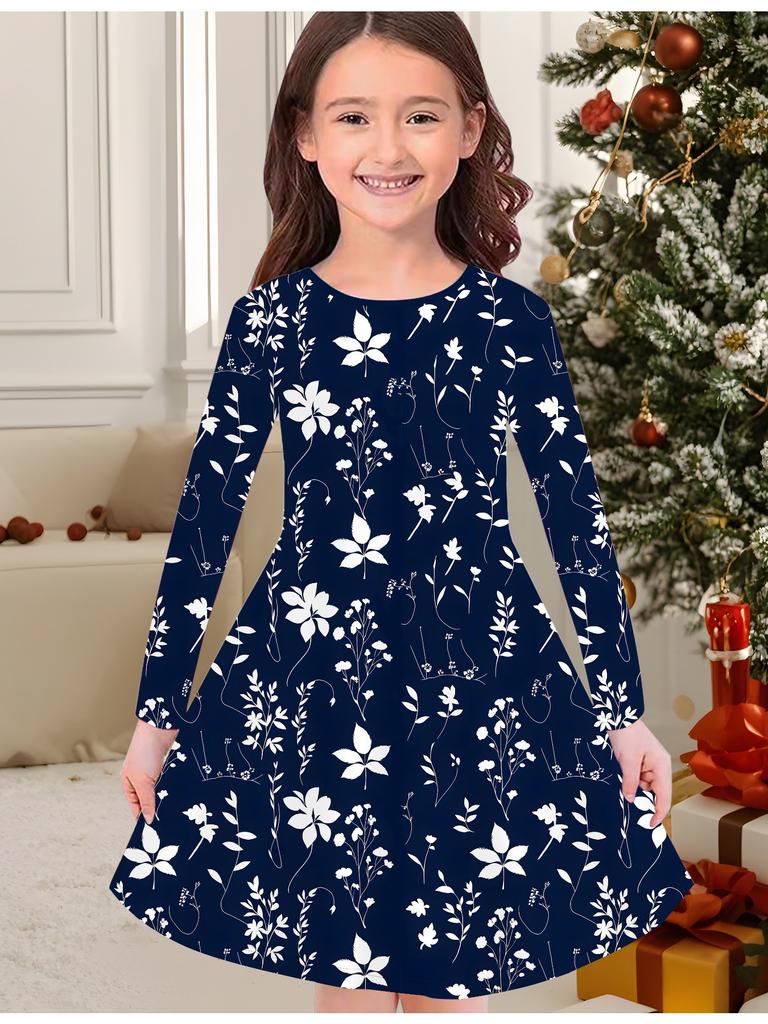 Girls' Autumn and Winter Fashion Dress, 3D Beautiful Flower Print  Round Neck Long Children's T-shirt Dress, Casual Versatile, Christmas Clothing
