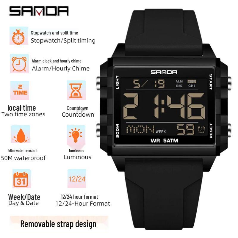 Sanda Dual Time Waterproof Transparent Sports Wristwatch with Colorful Single Display and Student Timer Function