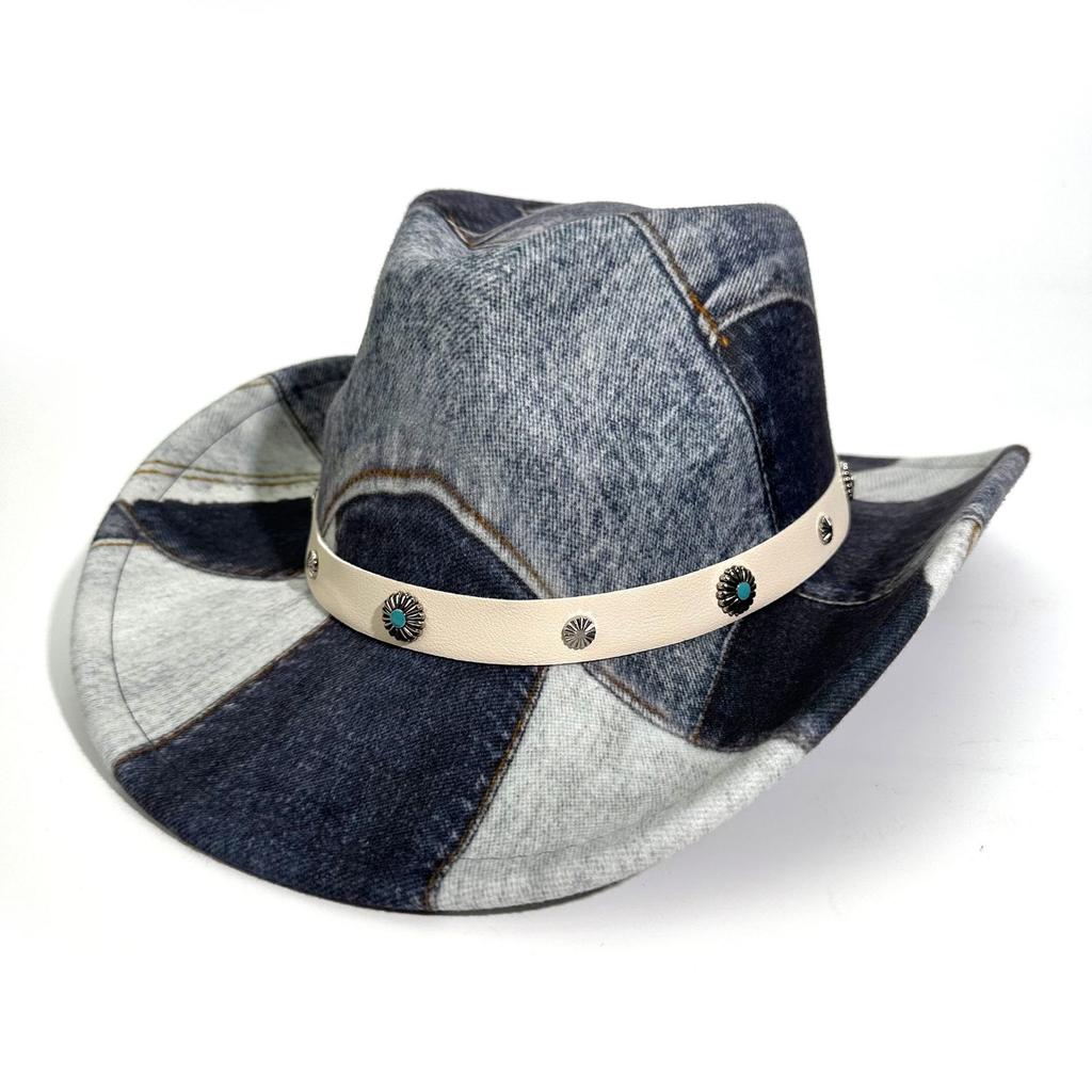Peach Heart Top Splicing Mixed Color Western Cowboy Hat Men'S And Women'S Belt Decorative Jazz Hat Top Hat