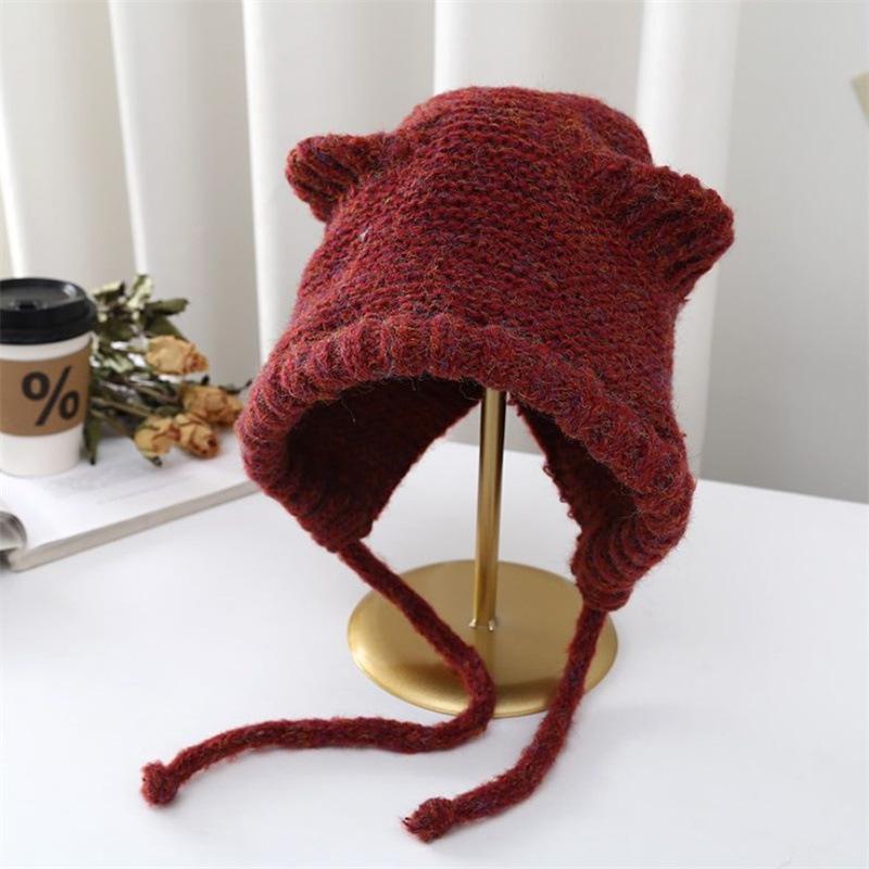 Cute cat ears knitted warm hat ladies ear protector wool hat winter versatile Internet celebrity hat tide