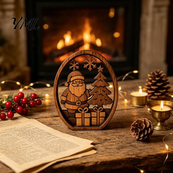 Christmas Wooden Ornaments 3Pcs Santa Claus And Tree Ornaments, Oval Table Natural Wood Crafts Centerpiece, Solid Desktop Ornament for Home