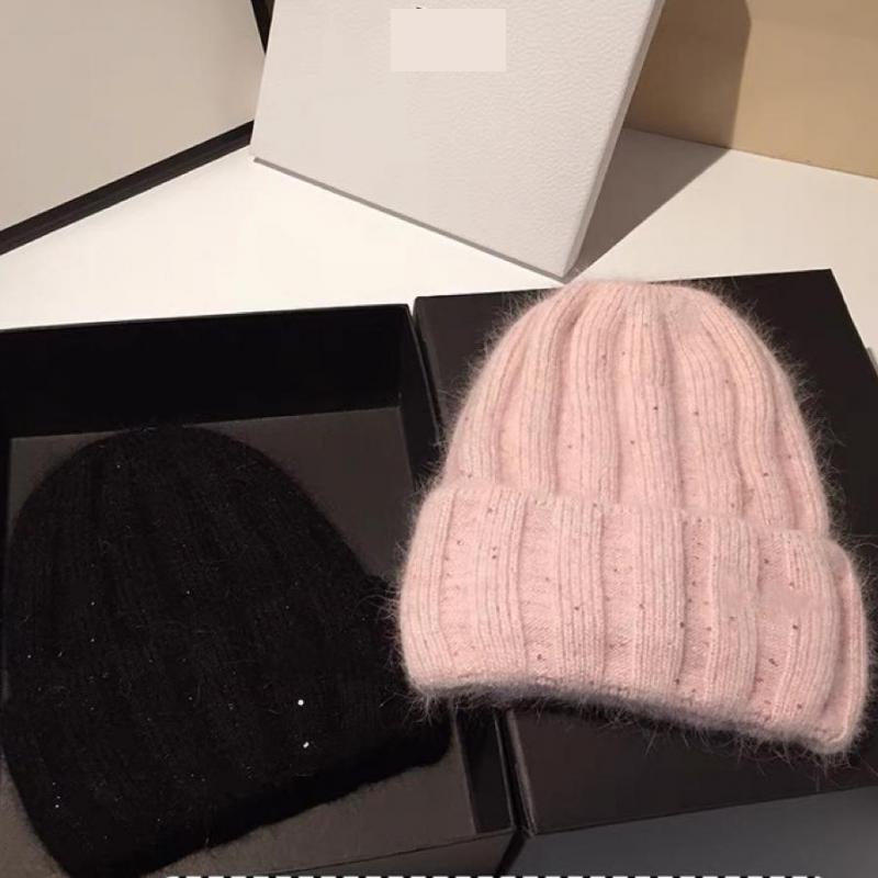 Knitted Beanie Winter Hats Women Men Rabbit Fur With Sequin Wide Stripe Design, Small Face Friendly, Warm & Fashion