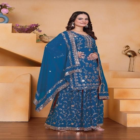 Royal Teal Blue Embroidered Sharara Set with Dupatta S