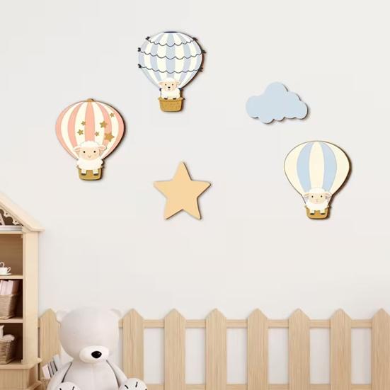5 Pcs Hot Air Balloon Wall Decor with Star And Cloud Boho Wooden Wall Art Sign Cartoon Sheep Hot Air Balloon Nursery Wall Sculpture for Bedroom