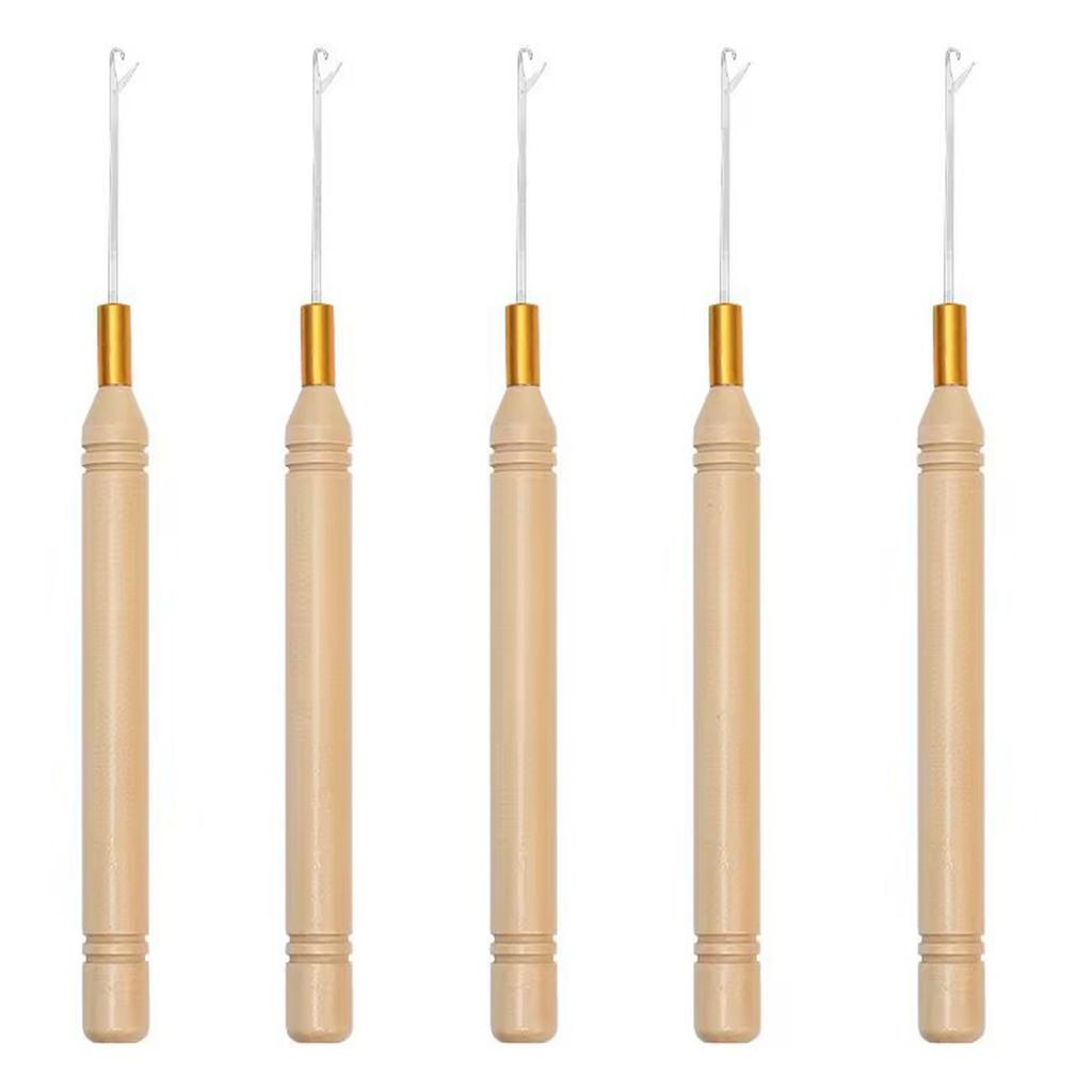 Latch Hook Needle With Wooden Handle Hair Extension Crochet Tool For Beads Feather Hair Rings DIY Hair‑Making Supplies