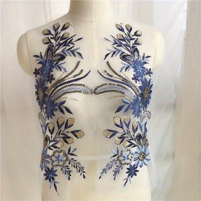 Blue Fabric Lace Trimmings Sequins Patches Appliques For Prom Ball Gown Wedding Dress Costumes DIY Craft Embroidered Patch